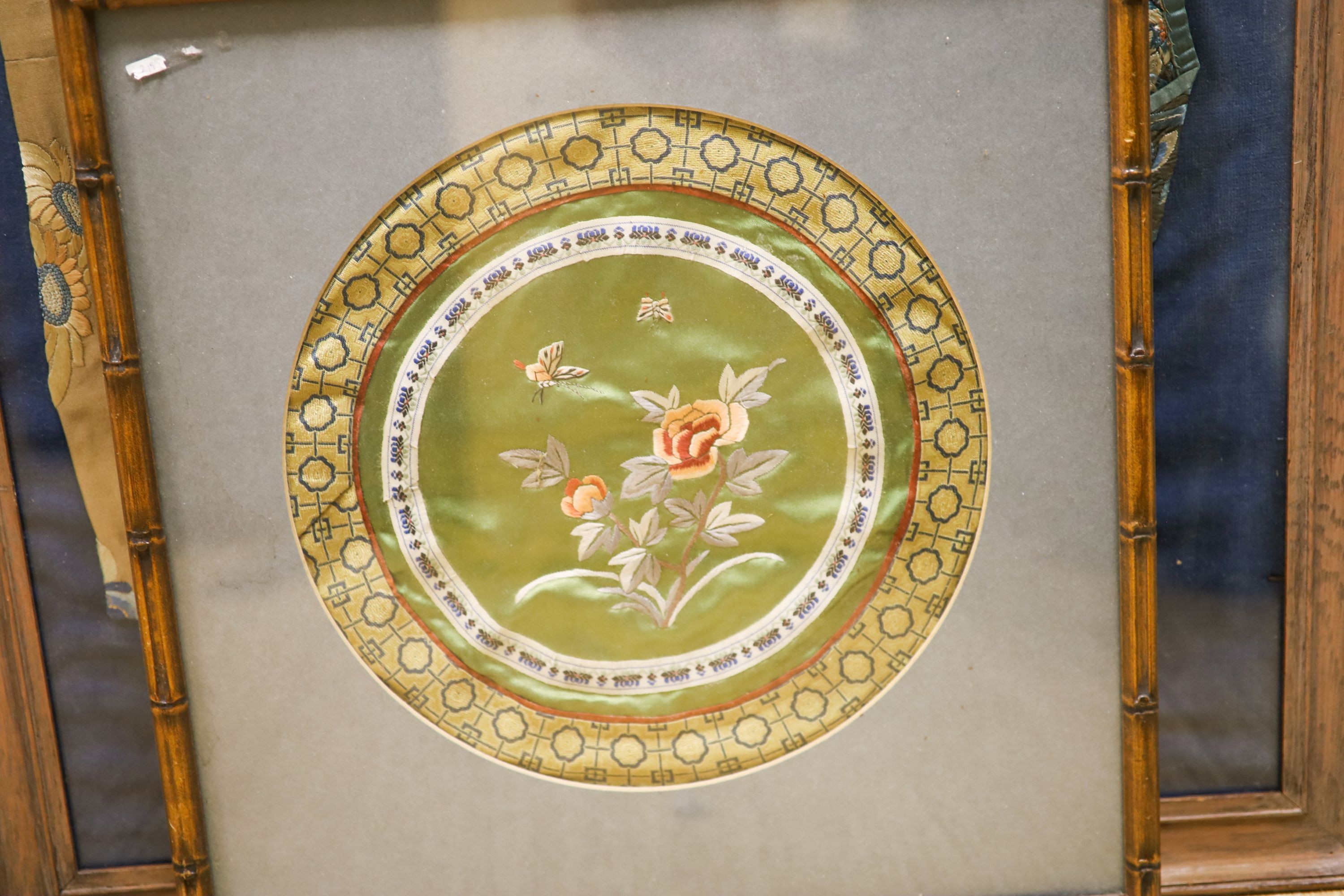 Assorted framed and glazed Chinese embroideries, late Qing to Republic